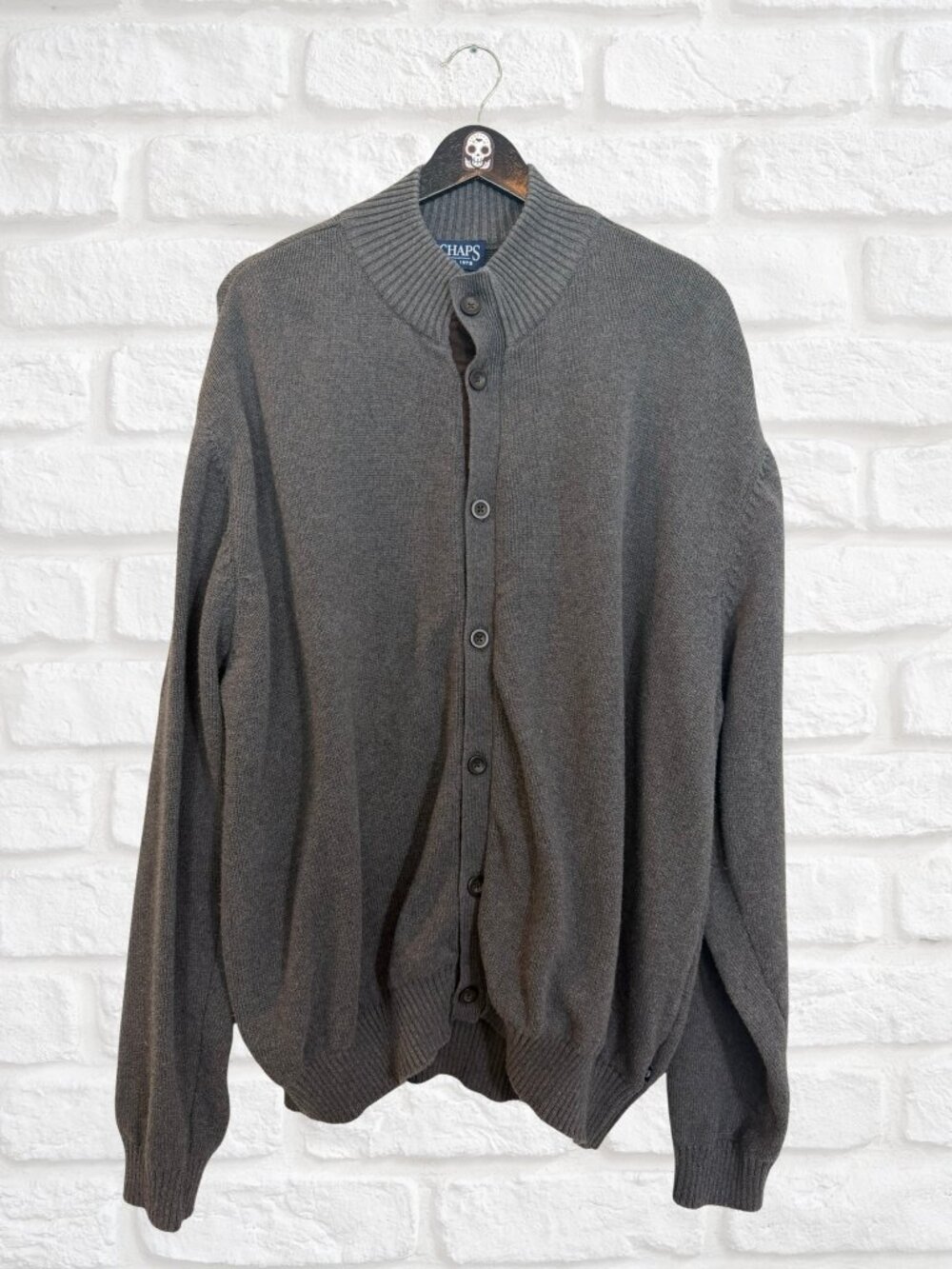 Vintage CHAPS Men's XXL Gray Button Front Cardigan Sweater Elbow Patches
